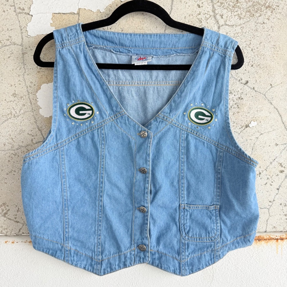 Vintage Green Bay Packers Denim Vest Womens L Light Wash NFL Gameday Made in USA